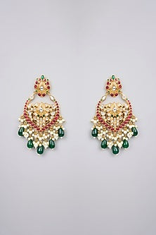 Gold Finish Green Stone & Kundan Polki Earrings