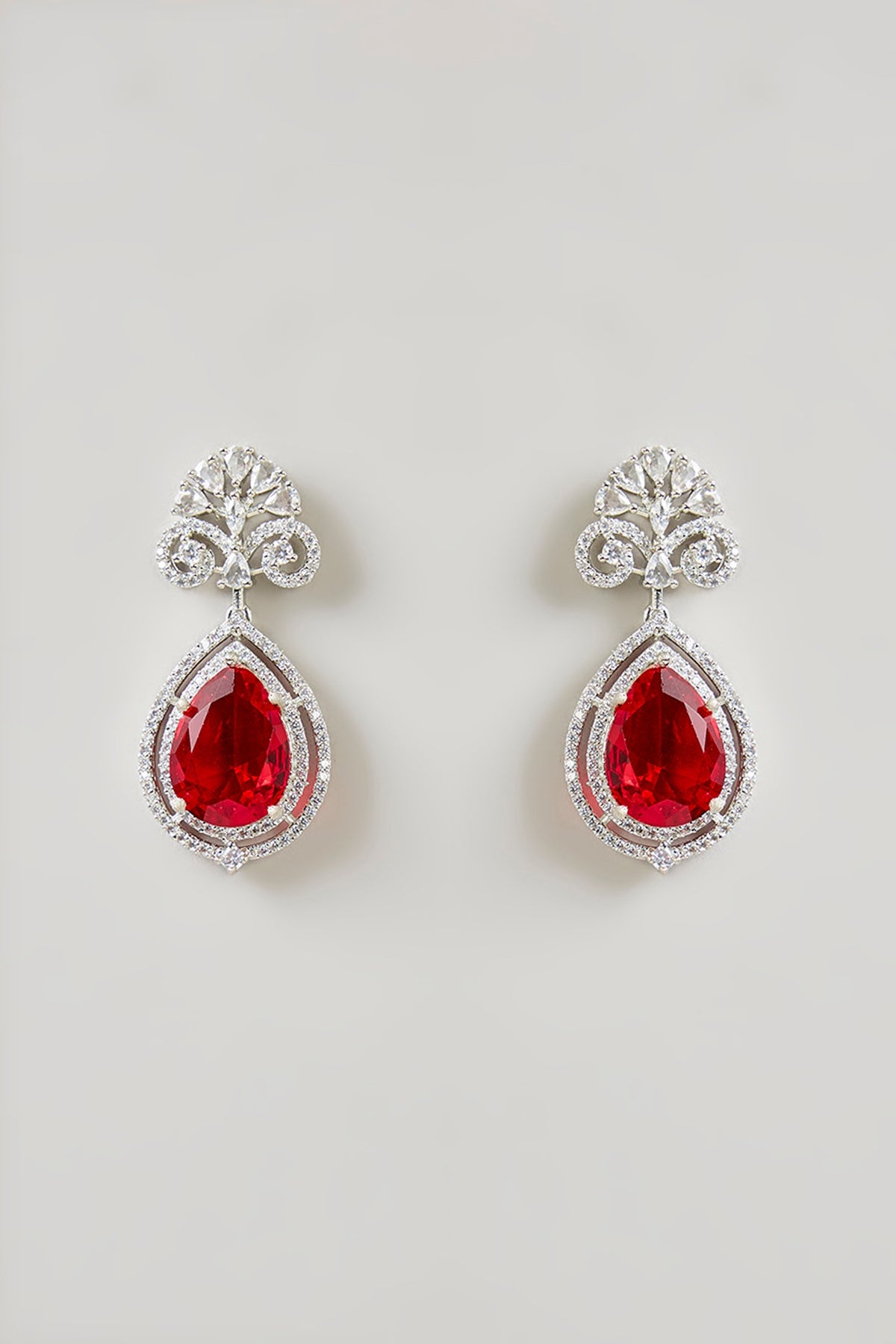 Silver Finish Ruby & Diamond Pendant Necklace Set