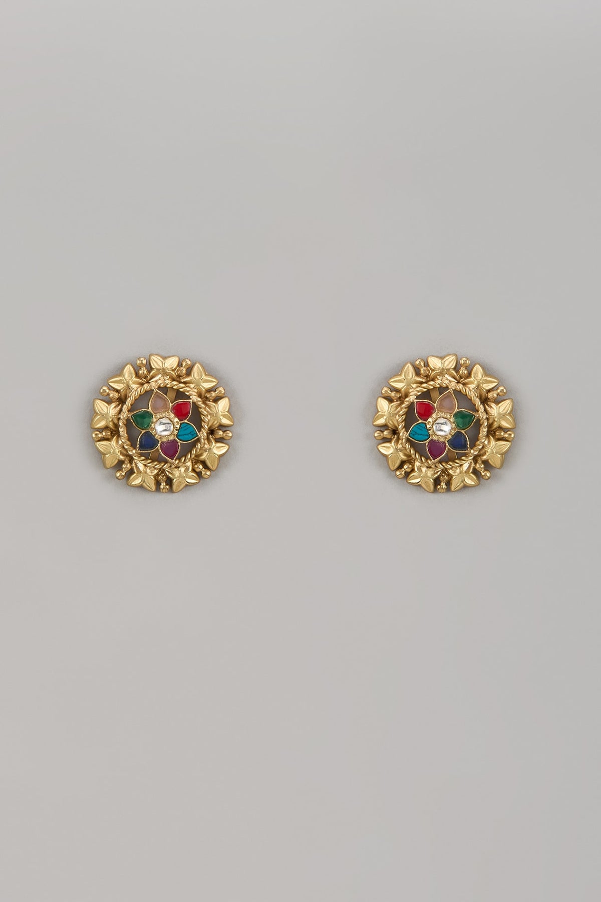 Gold Finish Multi-Colored Stone Stud Earrings