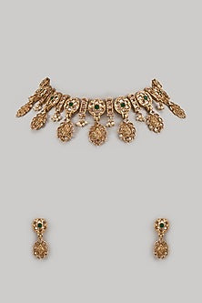 Gold Finish Emerald Stone & Pearl Drop Choker Necklace Set