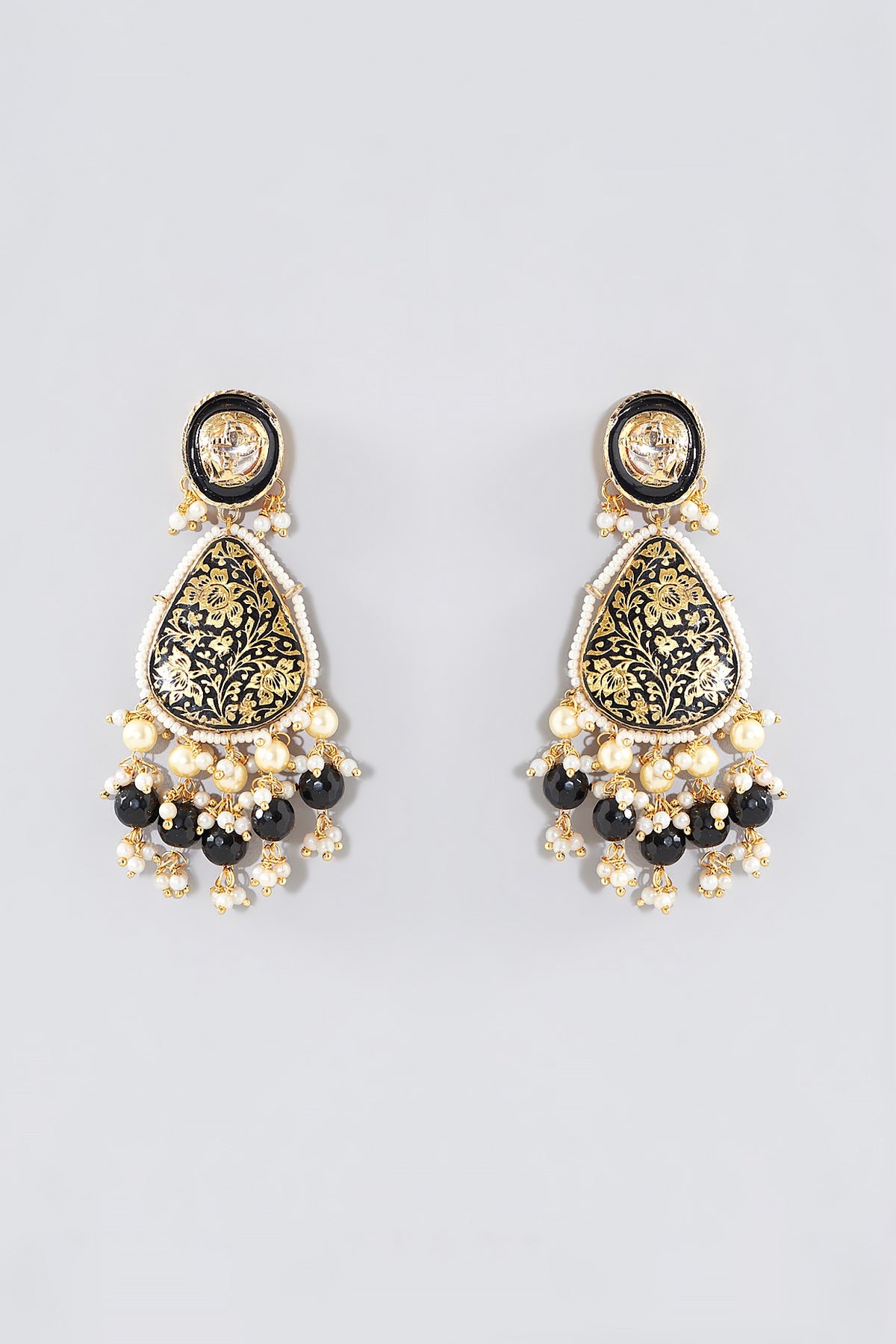 Gold Finish Brown & Black Kundan Polki Long Necklace Set