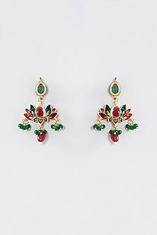 Gold Finish Red & Green Kundan Polki Layered Necklace Set