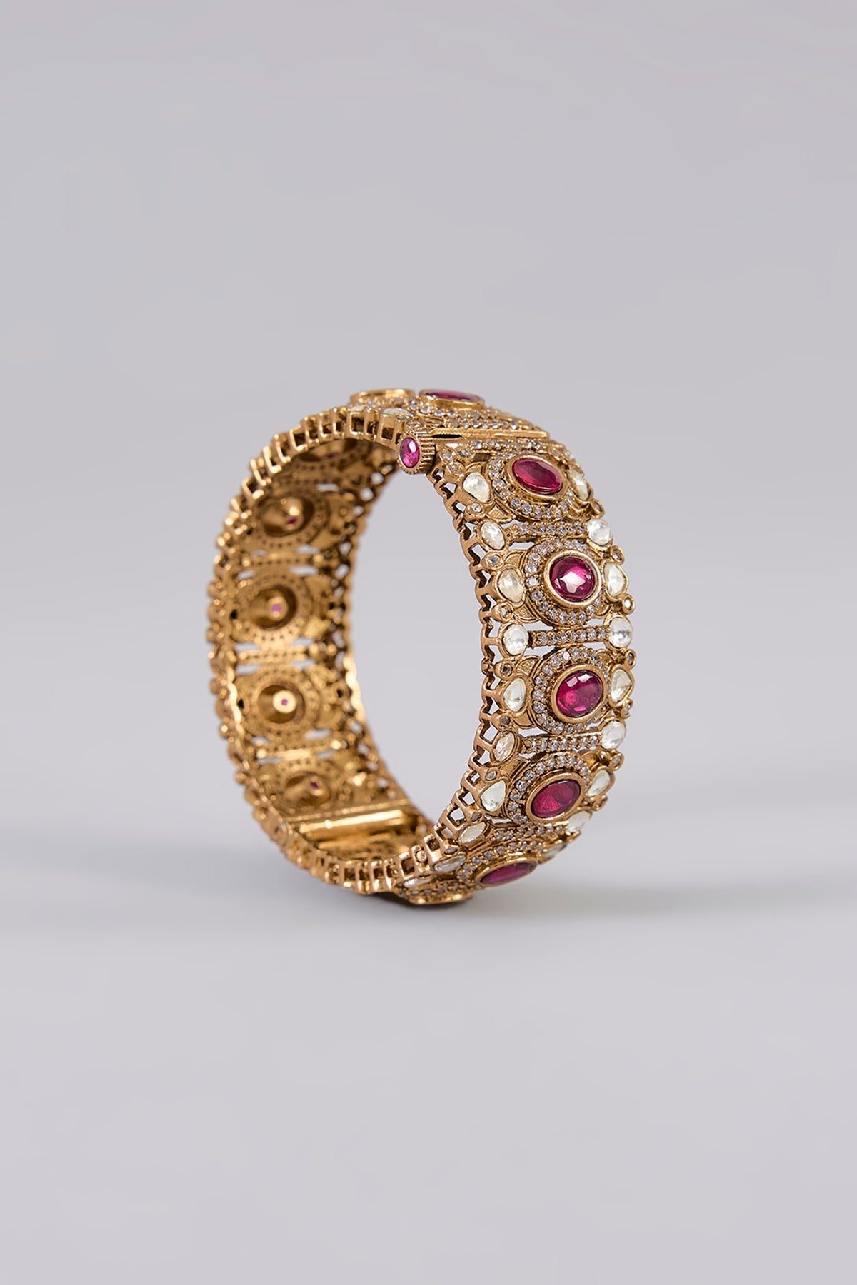 Gold Finish Kundan Polki & Ruby Stone Bangles (Set Of 2)