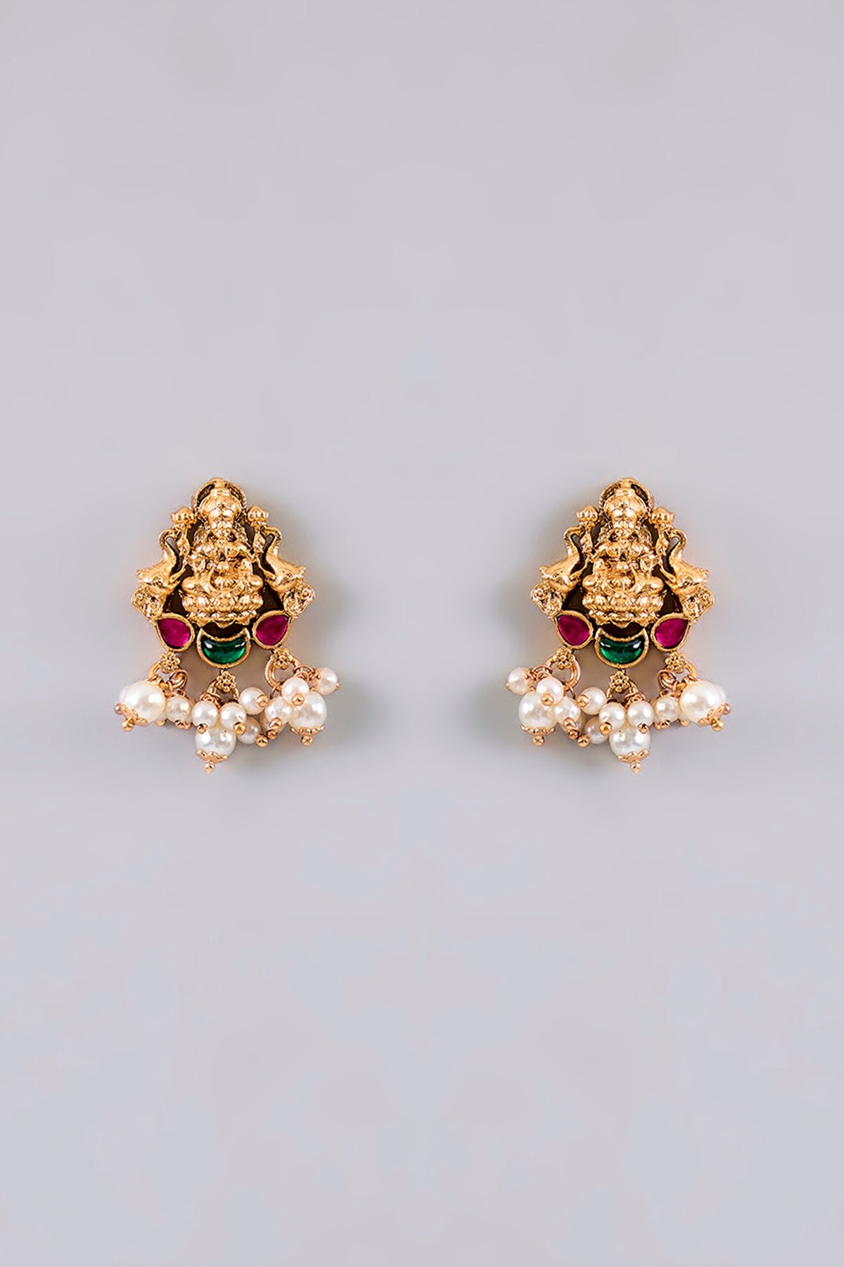 Gold Finish Pearl & Kundan Polki Temple Necklace Set