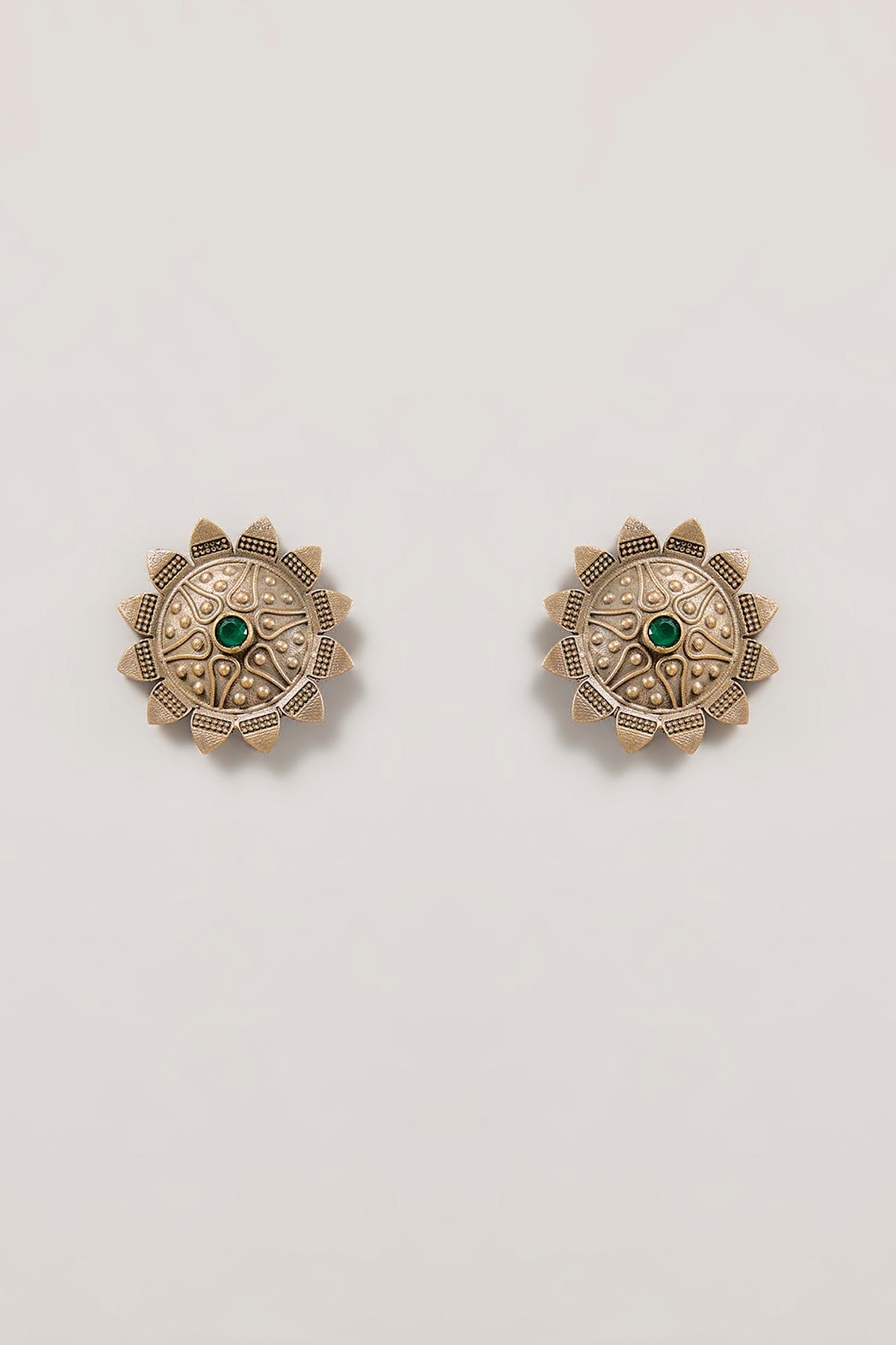 Gold Finish Green Stone Stud Earrings