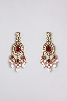 Gold Finish Ruby Red Kundan Polki & Pearl Long Necklace Set