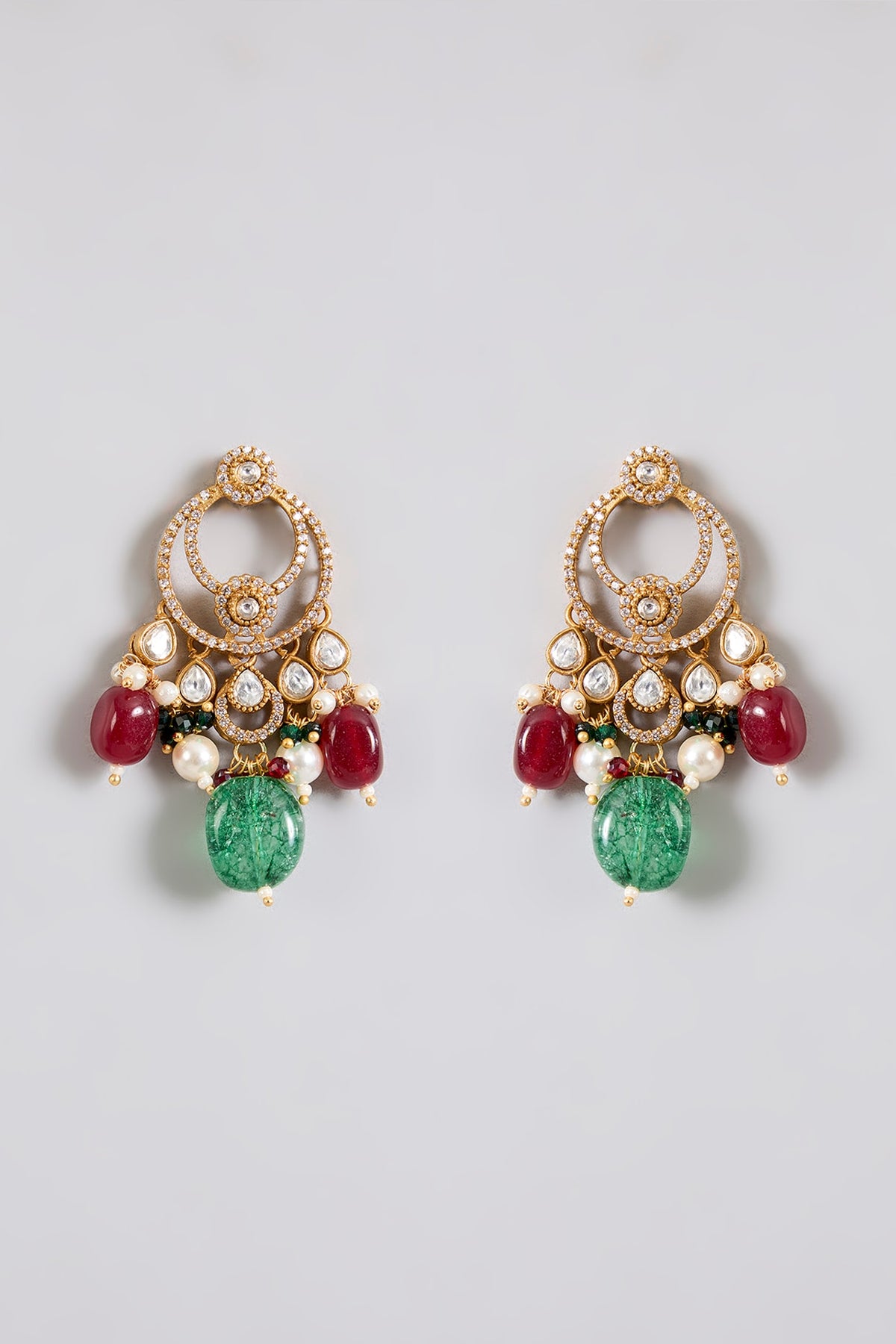 Gold Finish Kundan Stone & Green Beaded Choker Necklace Set