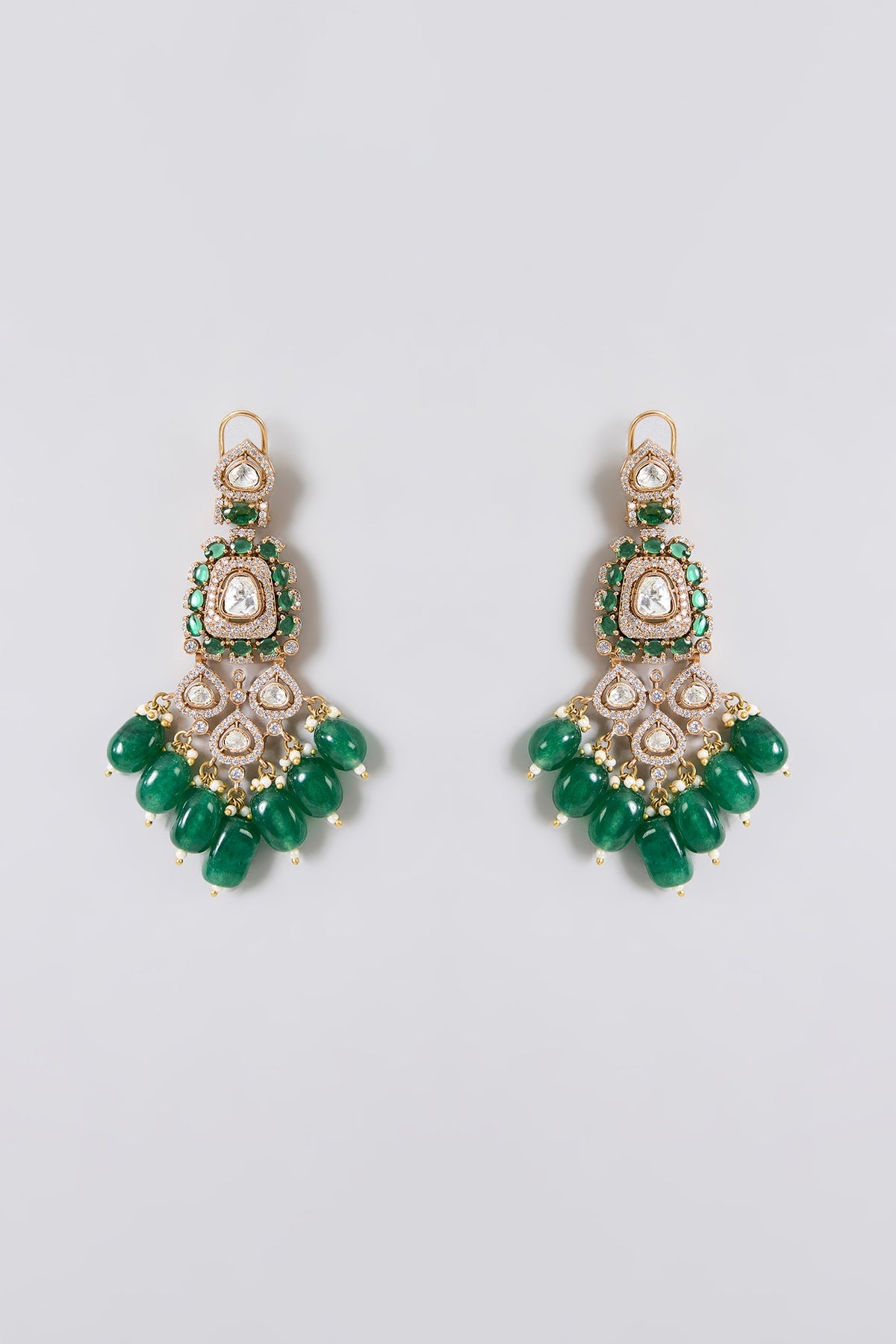 Gold Finish Kundan Polki & Emerald Green Beaded Choker Necklace Set