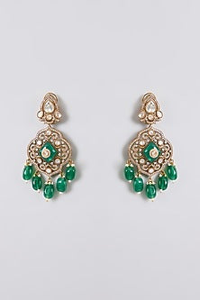 Gold Finish Kundan Polki & Emerald Green Stone Long Layered Necklace Set