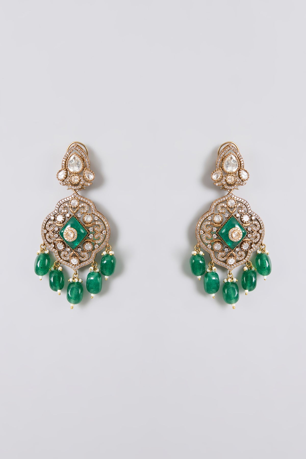 Gold Finish Kundan Polki & Emerald Green Stone Long Layered Necklace Set