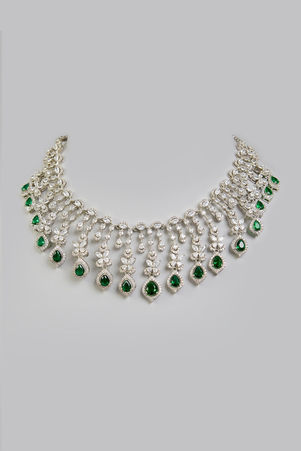 White Finish Zircon & Emerald Drop Necklace