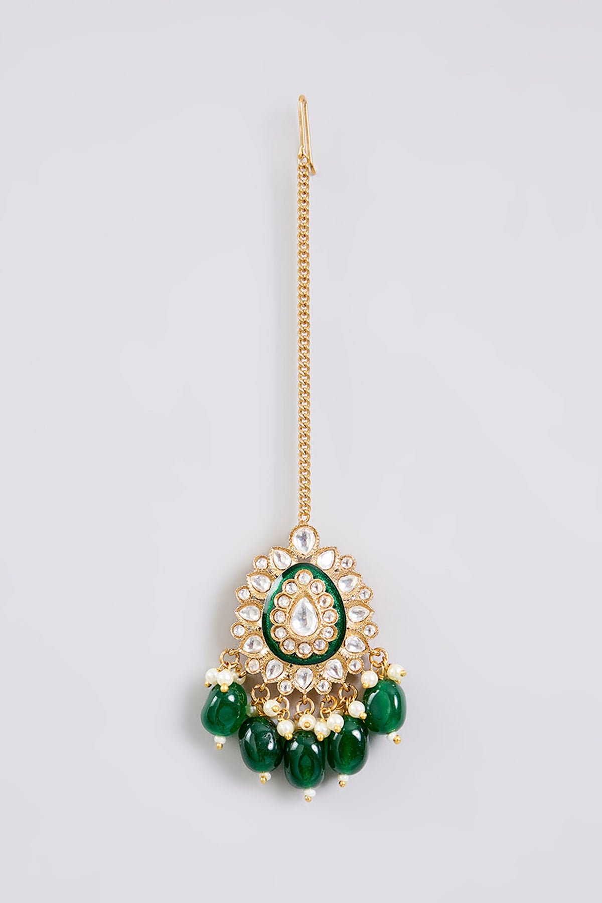 Gold Finish Green Kundan Polki Maangtikka