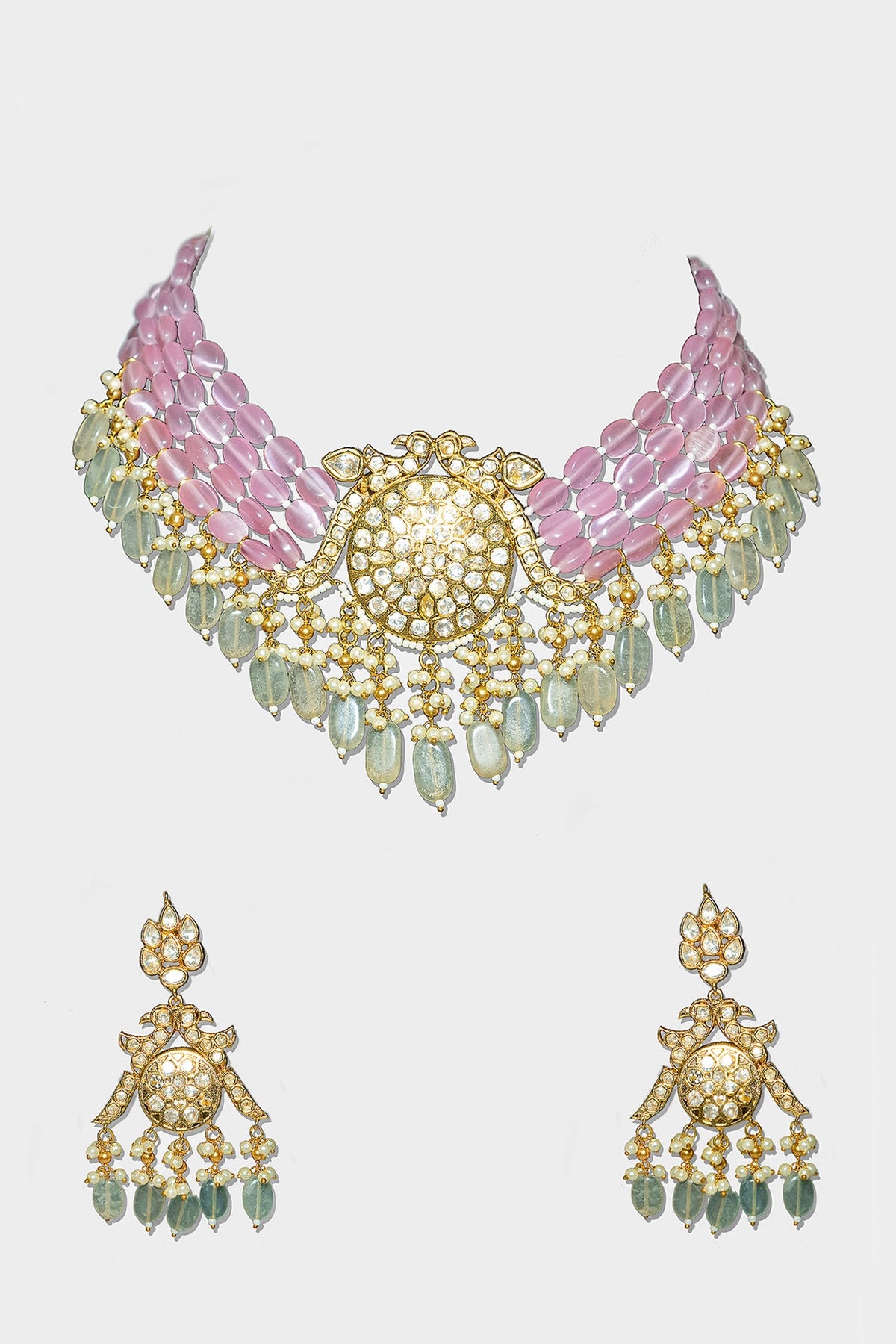 Gold Plated Kundan Polki & Pearls Necklace Set