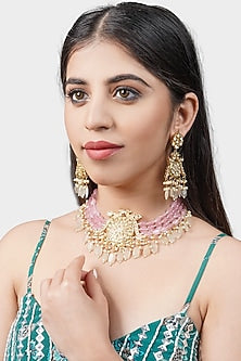 Gold Plated Kundan Polki & Pearls Necklace Set
