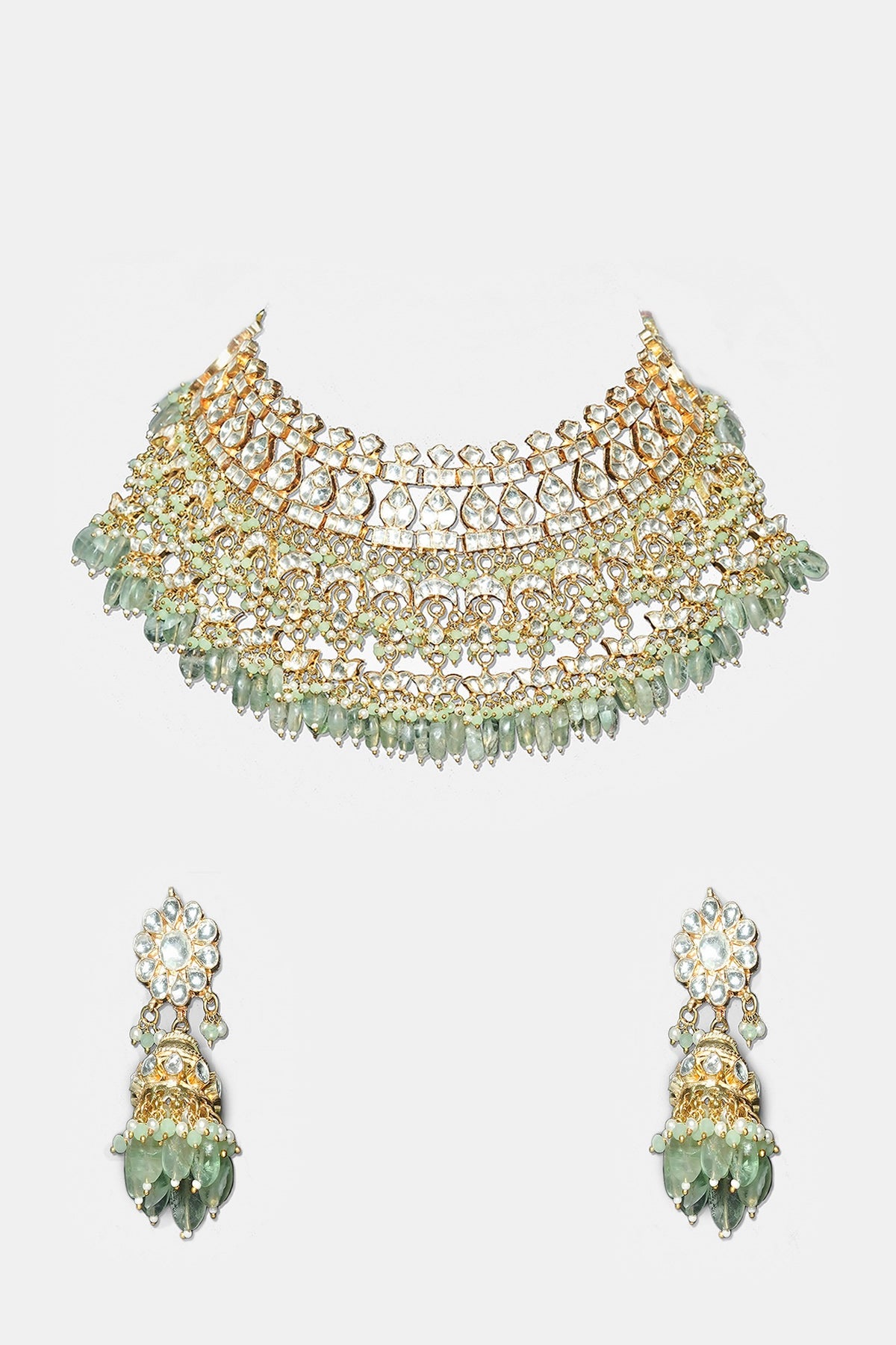 Gold Plated Necklace Set With Green Beads