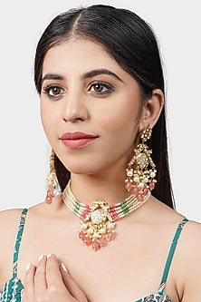 Gold Plated Necklace Set With Red Beads