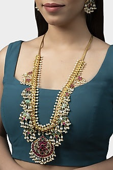 Gold Finish Multi-Colored Kundan Polki Long Necklace Set