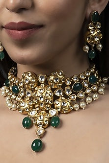 Gold Finish Green Kundan Polki Choker Necklace Set