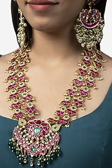 Gold Finish Red Kundan Polki Long Necklace Set