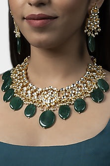 Gold Finish Choker Necklace Set With Green Kundan Polki