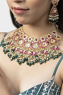 Gold Finish Pink & Green Kundan Polki Choker Necklace Set