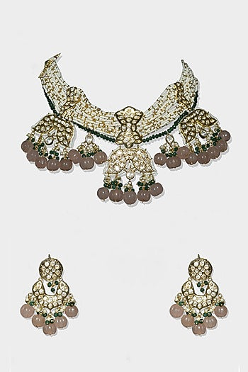 Gold Finish Multi-Colored Kundan Polki Necklace Set