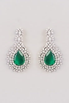 White Rhodium Finish Zircon & Green Stone Long Necklace Set