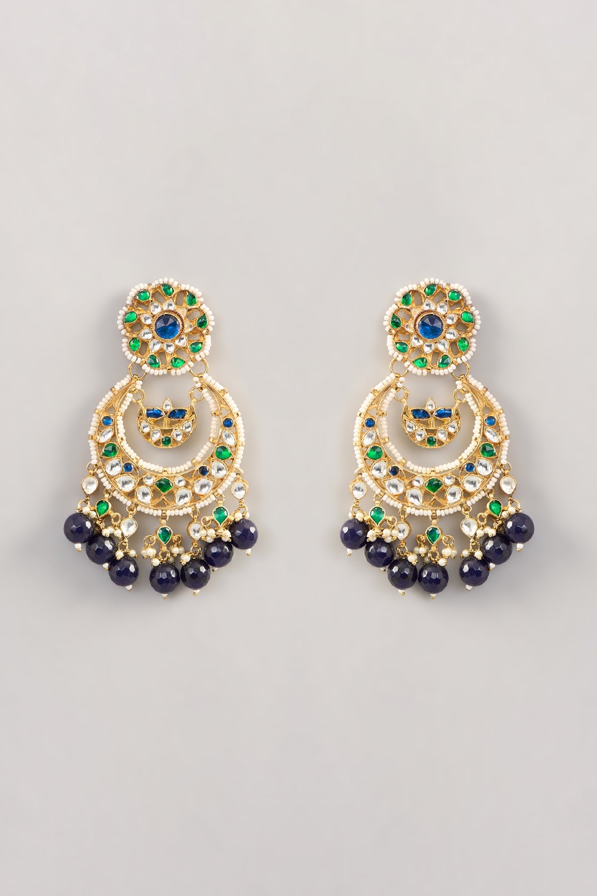 Gold Finish Kundan Polki & Pearl Chandbaali Earrings