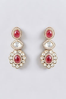 Gold Finish Red Kundan Polki Long Necklace Set