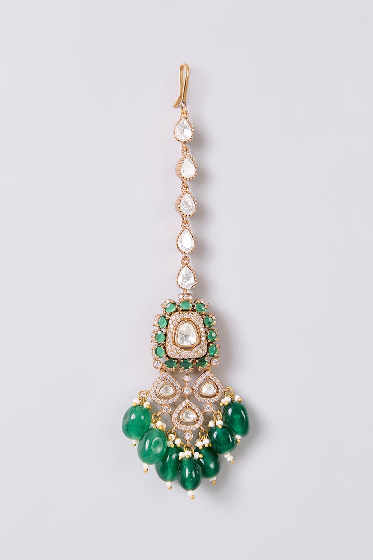 Gold Finish Kundan Polki & Green Stone Maangtikka