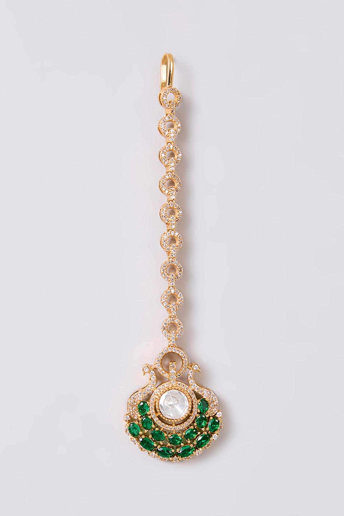 Gold Finish Kundan Polki & Green Stone Maangtikka