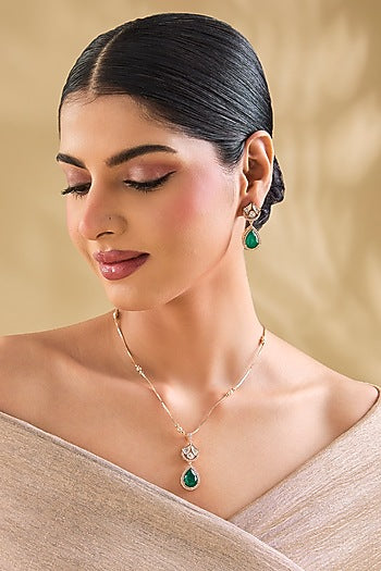 Rose Gold Finish Crystal & Emerald Stone Pendant Necklace Set