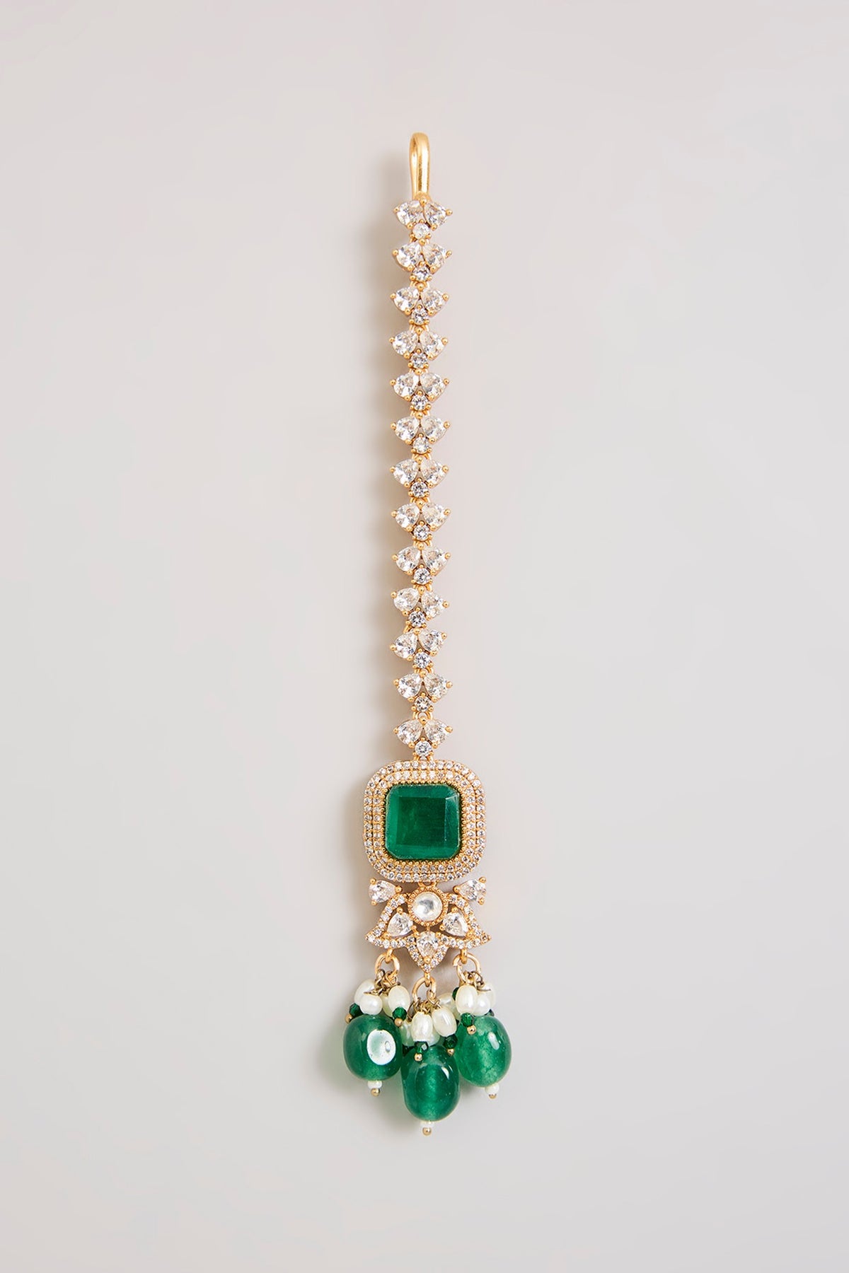 Gold Finish American Diamond & Emerald Green Stone Maangtikka
