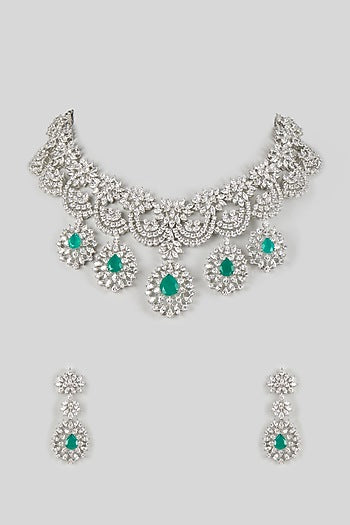Silver Finish Cubic Zirconia & Emerald Stone Necklace Set