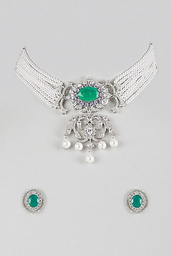 Silver Finish Cubic Zirconia & Emerald Stone Necklace Set