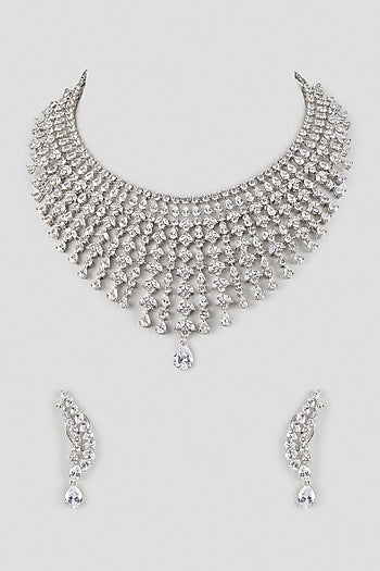 Silver Finish Cubic Zirconia Layered Necklace Set