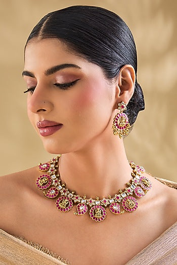 Gold Finish Kundan Polki & Pink Stone Choker Necklace Set