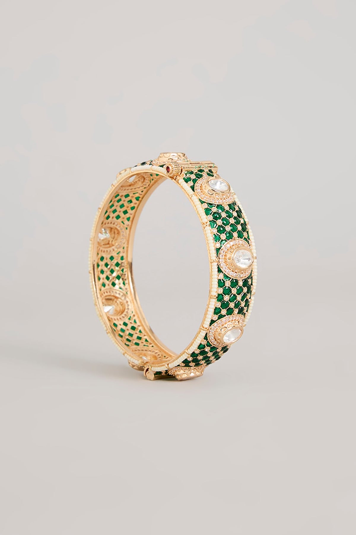 Gold Finish Emerald Green Kundan Polki Openable Meenakari Bangles (Set Of 2)