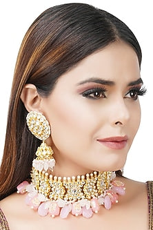 Gold Plated Pink Kundan Polki Necklace Set