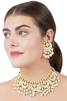 Gold Plated Pearl & Kundan Polki Necklace Set