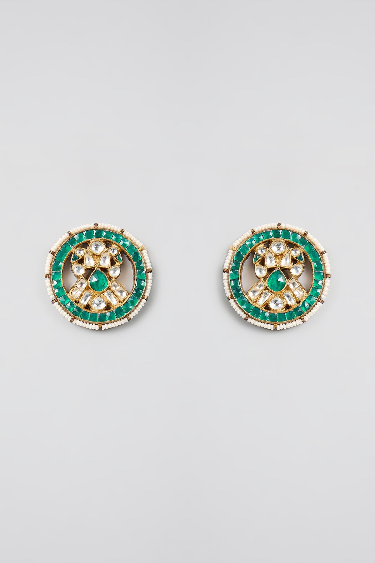 Gold Finish Kundan Polki & Green Sone Stud Earrings