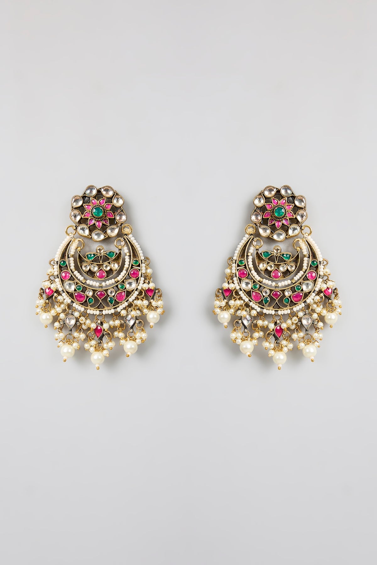 Gold Finish Multi-Colored Kundan Polki & Pearl Chandbali Earrings