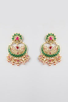 Gold Finish Green Kundan Polki & Pearl Chandbali Earrings