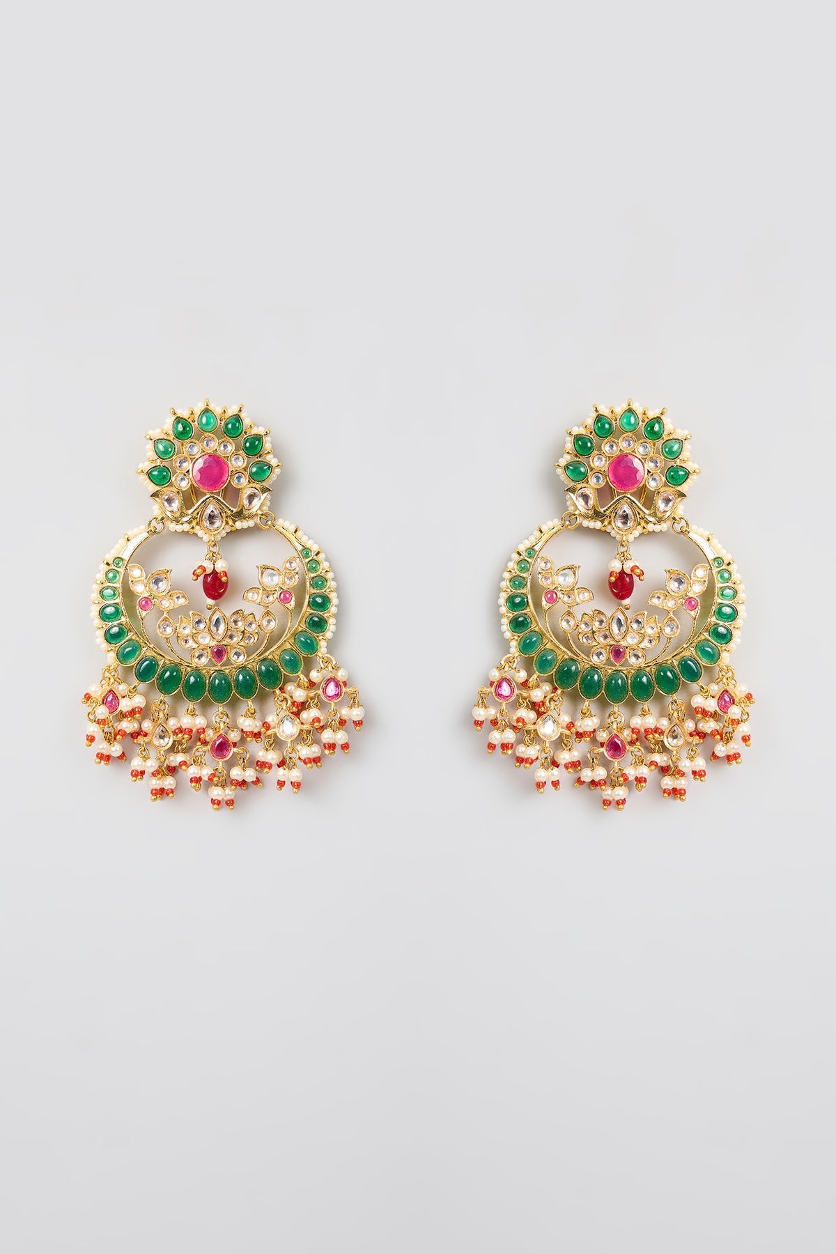 Gold Finish Green Kundan Polki & Pearl Chandbali Earrings
