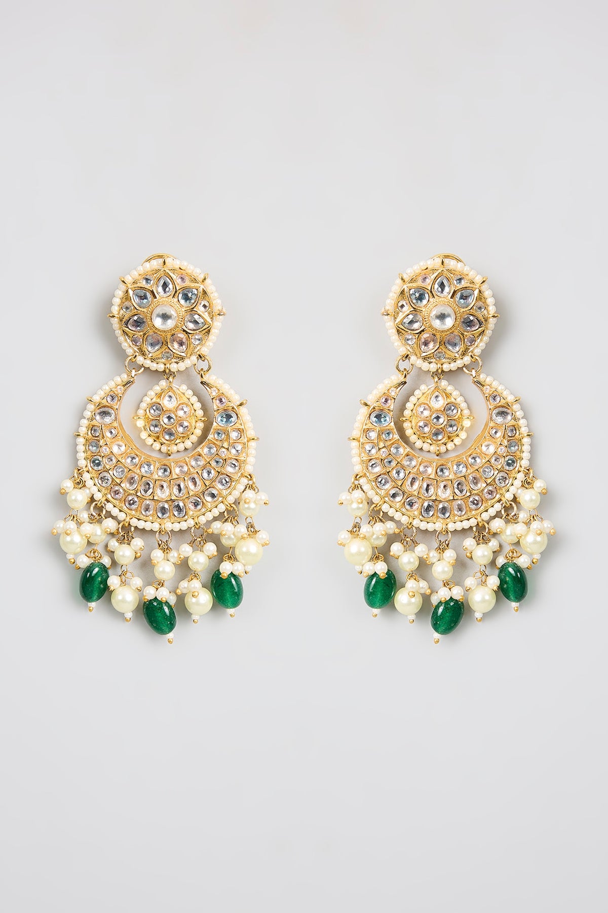 Gold Finish Kundan Polki & Green Stone Chandbali Earrings