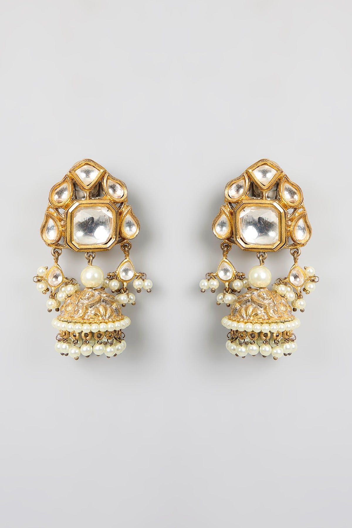 Gold Finish Kundan Polki & Pearl Jhumka Earrings