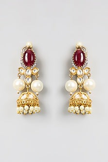 Gold Finish Kundan Polki & Red Gemstone Dangler Earrings