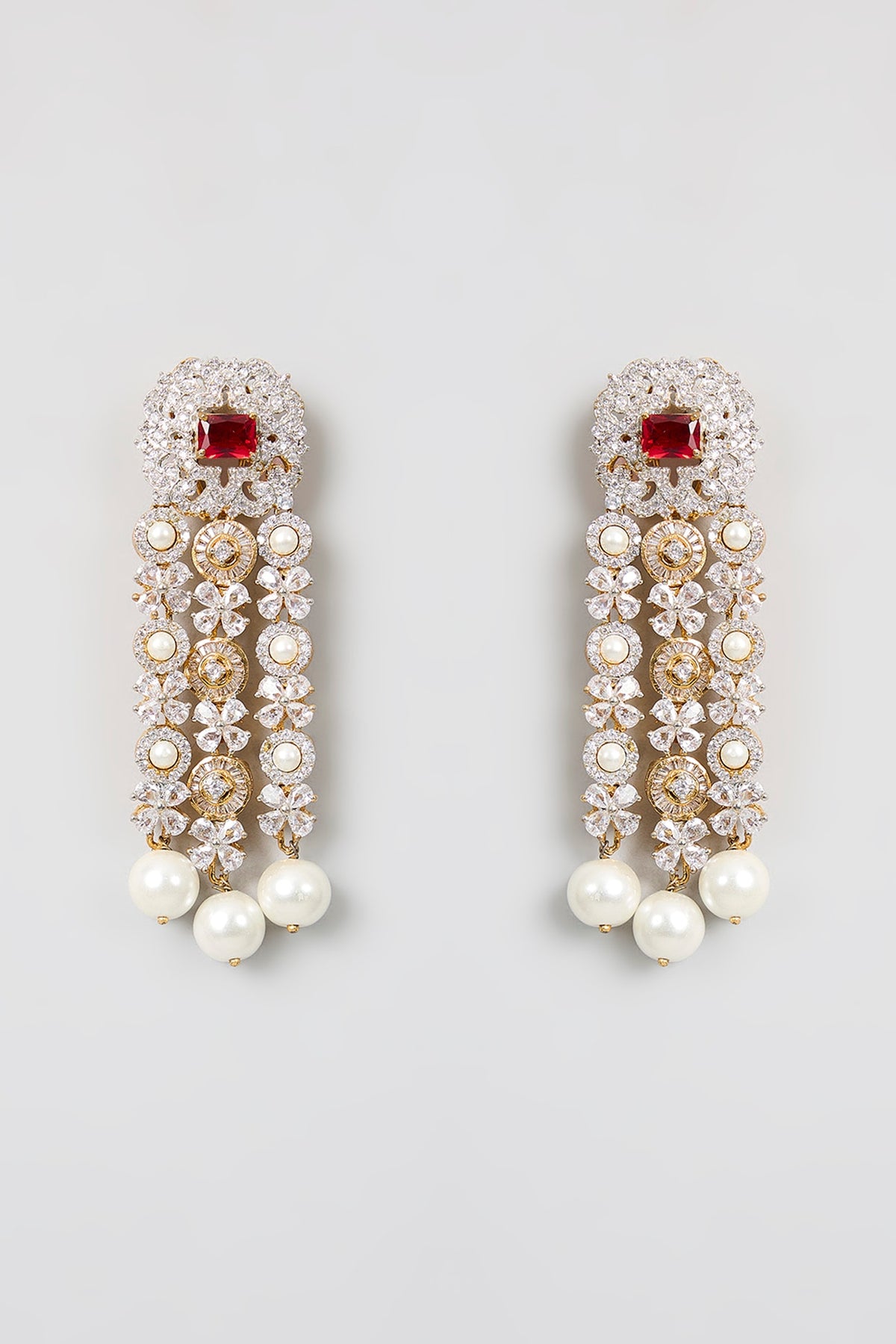 Silver Finish Red Stone & Pearl Drop Dangler Earrings