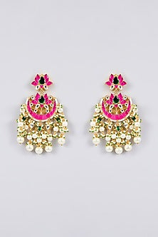 Gold Finish Kundan Polki & Pink Stone Chandbali Earrings