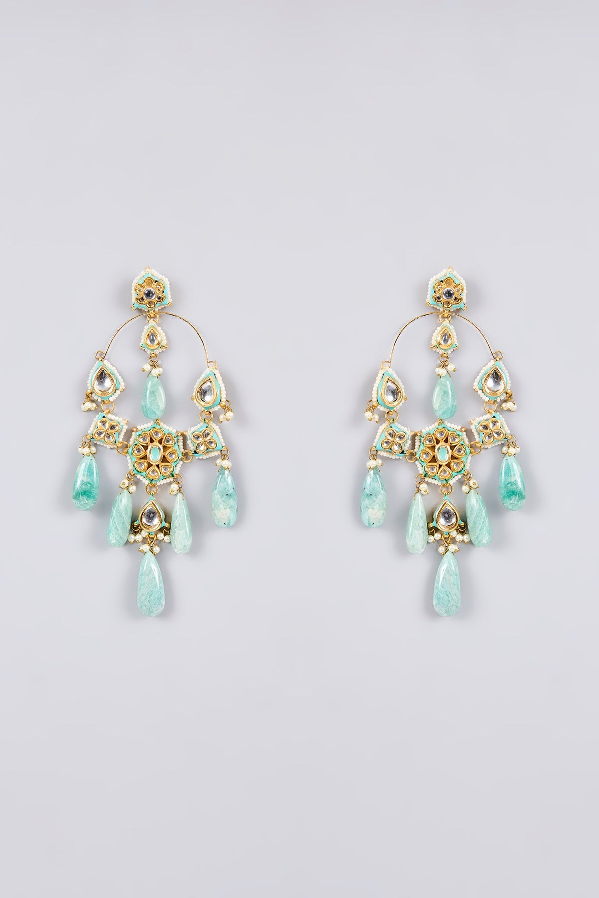 Gold Finish Kundan Polki & Mint Green Beaded Chandbali Earrings